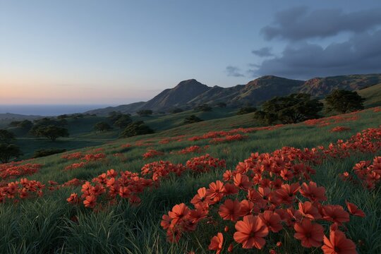 Red poppy field blooming across grassy hills with distant mountains