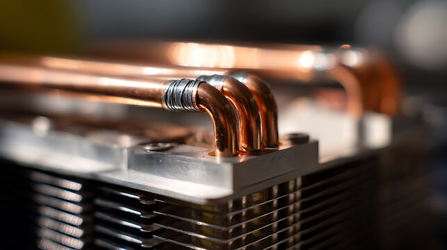 Close up view of advanced cooling system components featuring copper heat pipes and aluminum fins for efficient heat dissipation