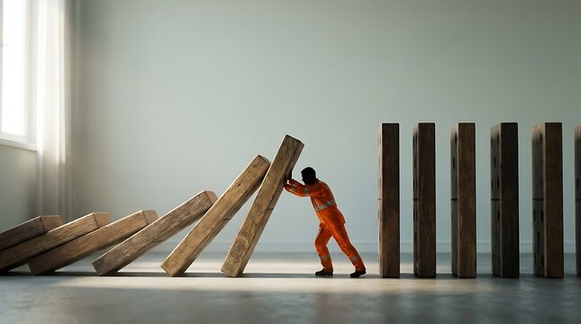Miniature figure in orange shirt stops dominoes from falling with dominoes prevention intervention management stability
