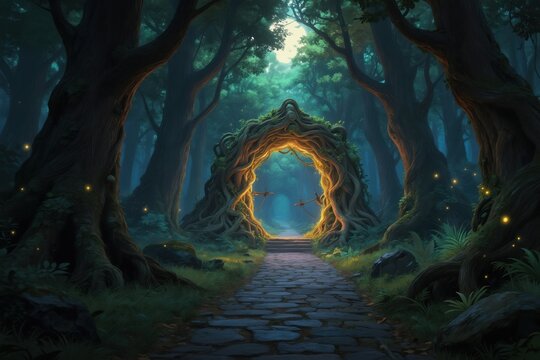 Enchanted forest pathway leads to glowing portal arch made of vines. Mysterious magical woods with light orbs and ancient trees. Surreal nature scene with mystical atmosphere.