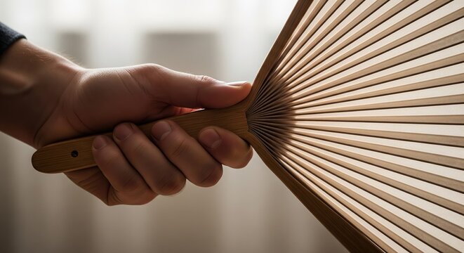 A Person Holding An Open Bamboo Folding Fan Against A Soft Blurred Background