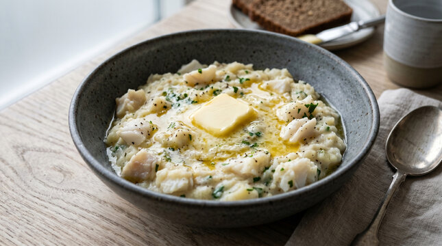 Delicious bowl of chunky fish chowder with butter and herbs on a wooden table setting