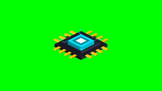 Isometric central processing unit chip glowing on green screen background