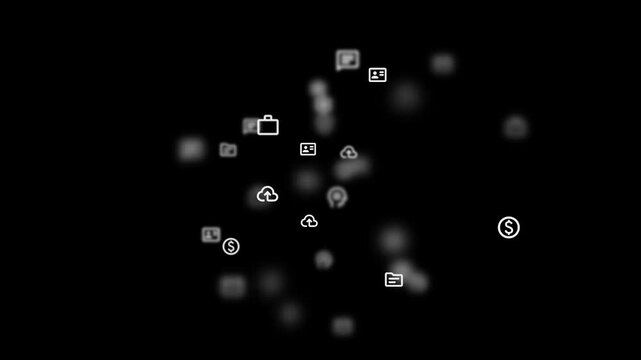 Dynamic animation with scattered business icons in bokeh style, seamless looping