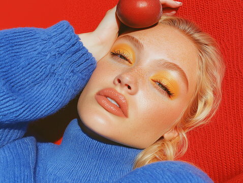 Close beauty portrait of blonde woman in blue knit sweater posing with red fruit on vivid textile. Colorful fashion image for cosmetics marketing and editorial design.
