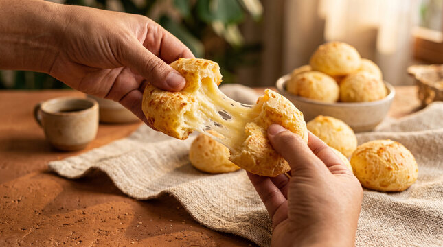 Person pulling apart cheese bread to show melted cheese inside