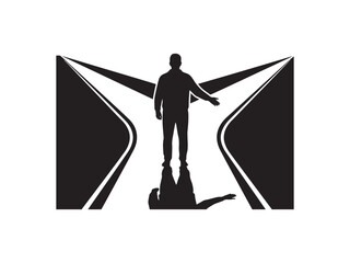 A silhouette of a man stands at a fork in the road facing two different paths as a conceptual representation of difficult life choices on white background © Elevate Gallery