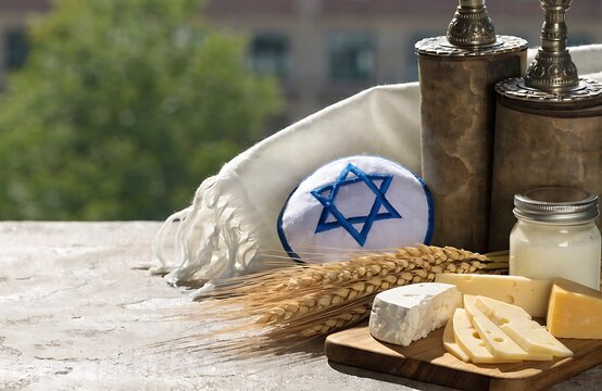 Traditional Jewish Torah Scrolls With Kippah and Dairy Foods Symbolizing Shavuot Celebration