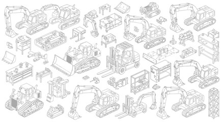 Obraz premium isometric line drawings of heavy equipment industrial machinery and workshop tools for engineering construction and manufacturing.