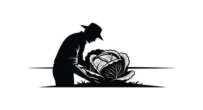 Farmer harvesting a large cabbage in a field black and white silhouette high quality professional detailed modern elegant stylish clean crisp