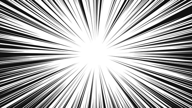 Intense radial manga speed burst effect, high contrast black and white comic book action lines converging to a bright center, explosive motion background with dense straight radial lines	
