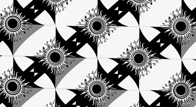 sun pattern geometric background black and white repeating design abstract art forming a seamless and modern tiling creating a bold graphic for wallpaper design or textile print