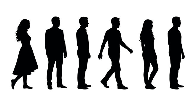 Silhouettes of people standing and walking isolated on white background