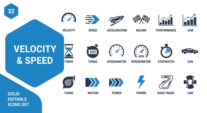 A versatile set of solid vector icons for velocity, speed, racing, and automotive performance, designed for modern digital interface and infographic projects