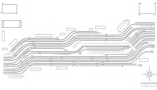 A complex and sprawling underground metro map featuring detailed fine lineart, showcasing a technical transit network illustration suitable for modern urban planning documents and infographic designs.