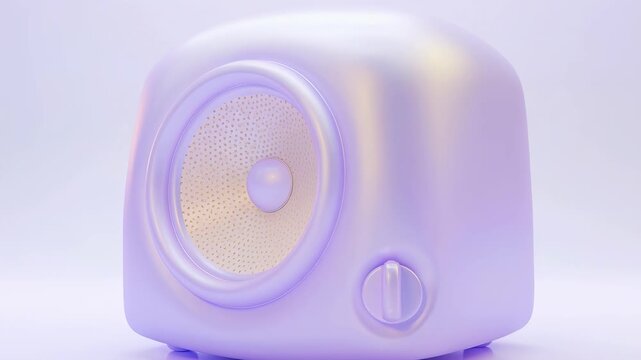 A sleek pastel purple speaker isolated on a soft background, perfect for minimalist design concepts. The modern audio equipment features a smooth aesthetic and a prominent volume control knob.
