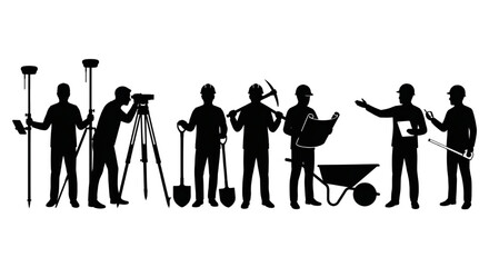 Naklejka premium Construction Workers and GNSS Surveyors Teamwork Concept Silhouette, Black silhouette vector art depicting teamwork on a construction site, featuring GNSS surveyors with equipment and laborers