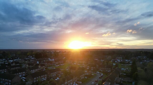 Harefield London Town During Beautiful Sunset over England United Kingdom. High Angle Drone Footage. Harefield is a village in the London Borough of Hillingdon, England, Great Britain.