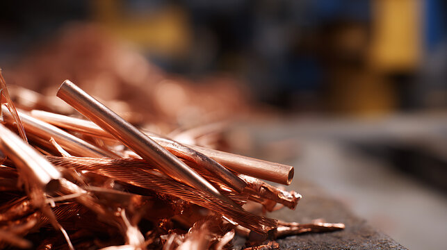Close up view of raw copper material, including shiny wires and pipes, ready for industrial processing or recycling, symbolizing valuable metal resources