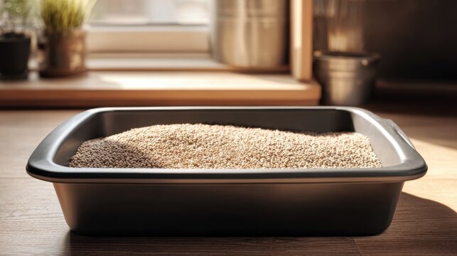 Litter Box in Sunlight: A clean litter box filled with granular litter sits on a wooden surface, catching the warm sunlight streaming in from a nearby window.