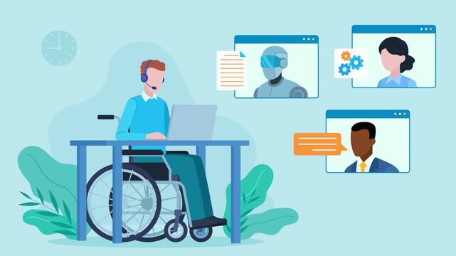 Animation of a corporate conference at work. A man in a wheelchair works at a desk while his colleagues and artificial intelligence connect with him online. Video clip in flat design style.