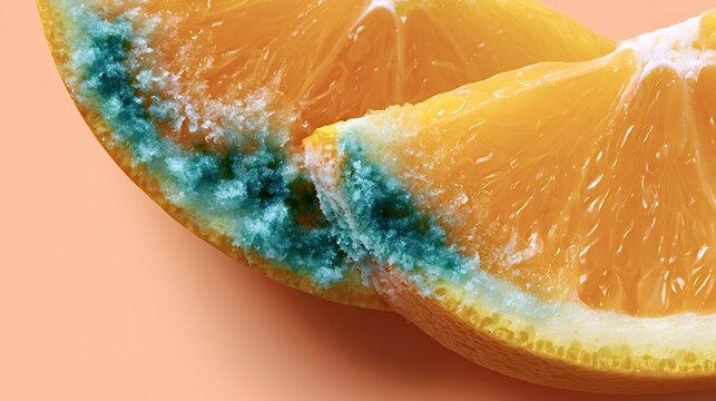Orange slices overtaken by blue green mold and fuzzy white fungus in close up, illustrating citrus decay, food spoilage and decomposition with detailed texture and contamination