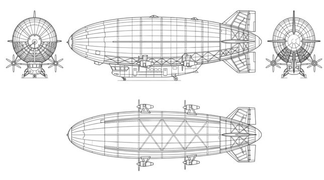 Airship aircraft technical drawing blueprint with front side back and top views CAD line art vector illustration