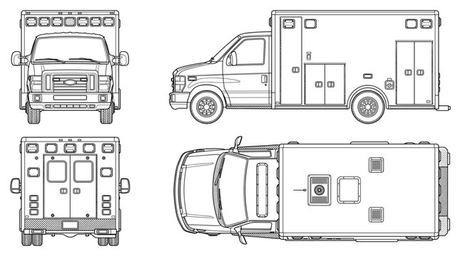 Ambulance van technical drawing blueprint with front side back and top views CAD line art vector illustration