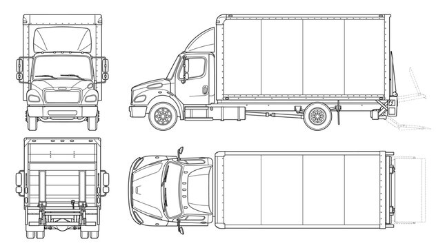 Box truck technical drawing blueprint with front side back and top views CAD line art vector illustration