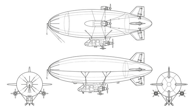 airship blimp technical drawing blueprint with front side back and top views CAD line art vector illustration