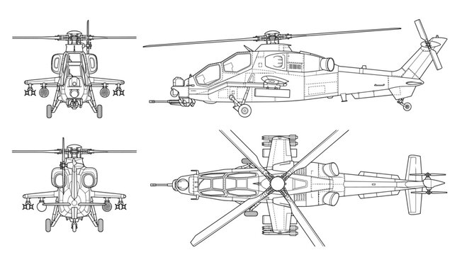 Attack helicopter technical drawing blueprint with front side back and top views CAD line art vector illustration