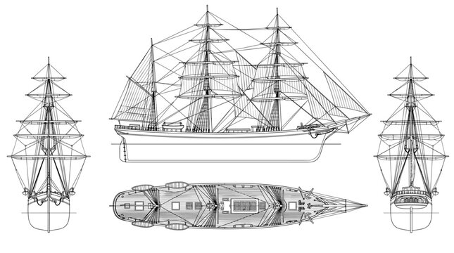 Clipper ship technical drawing blueprint with front side back and top views CAD line art vector illustration