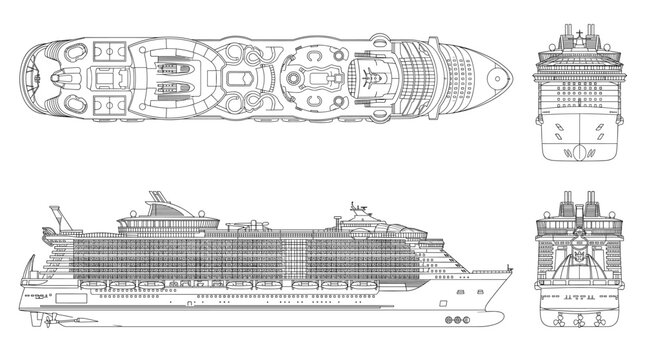 Cruise ship technical drawing blueprint with front side back and top views CAD line art vector illustration