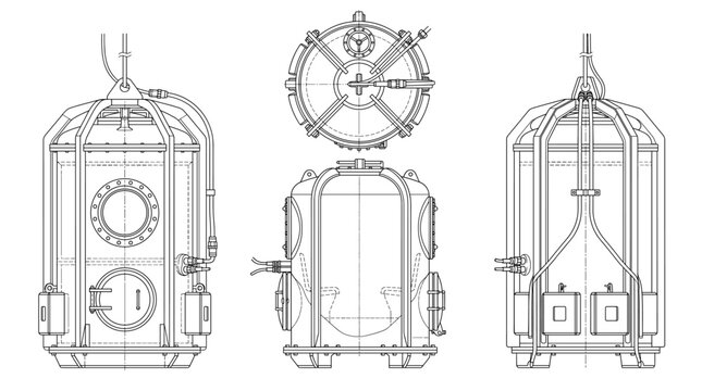 Diving bell technical drawing blueprint with front side back and top views CAD line art vector illustration