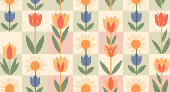 charming floral pattern with stylized spring flowers on a seamless checkered background perfect for modern decorative textile design.