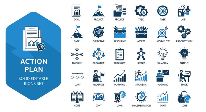 Comprehensive vector icon set for action planning, business strategy, project management, and achieving organizational goals. Modern graphics for success