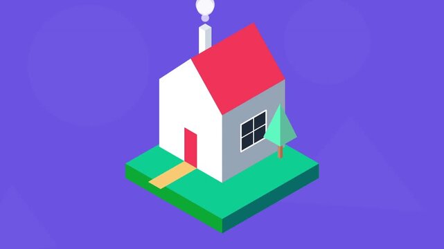Isometric 3D animation of a house being built on a green grass lot.