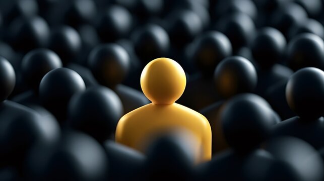 Yellow stylized figure symbolizing individuality, uniqueness, and leadership, emerging prominently from a vast, uniform crowd of black figures, representing difference and influence in a collective