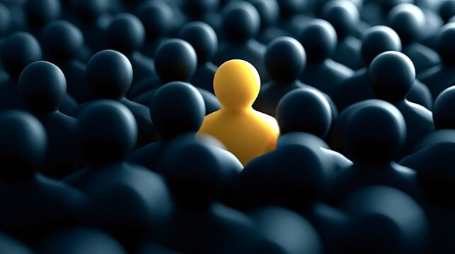 Yellow individual figure clearly standing out from a large group of dark, identical human like figures, symbolizing uniqueness, leadership, and diversity in a crowd