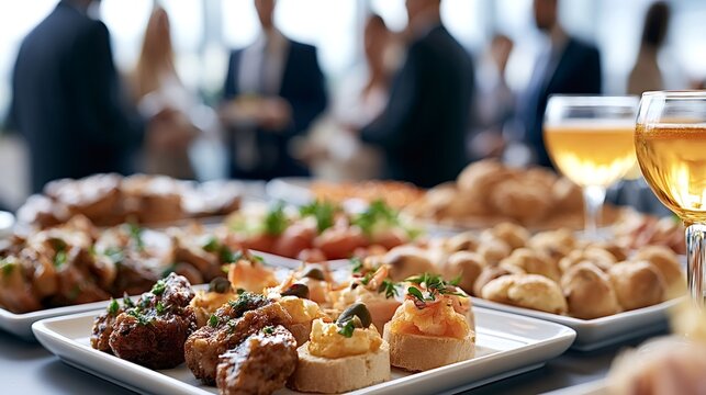 Assorted appetizers and glasses of wine on a table, with blurred business people networking in the background, creating a sophisticated atmosphere for a corporate gathering