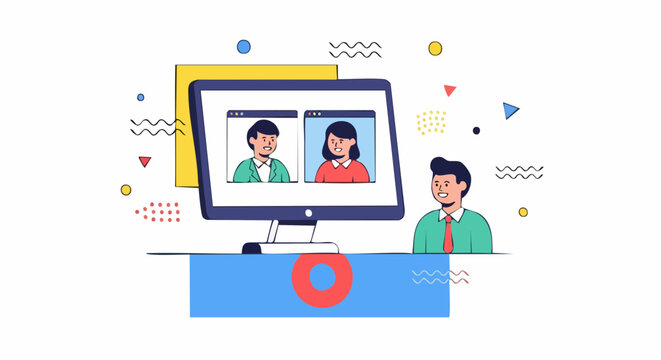 Online recruiter interviewing candidates on a computer screen, modern flat vector illustration of remote job recruitment and virtual hiring process.