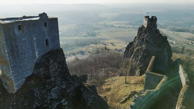 Aerial View of Trosky Castle Ruins on Basalt Rock Towers in Bohemian Paradise Landscape Scenery