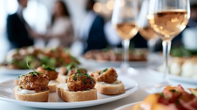 Elegant fried canapes on toasted crostini with sauce and garnish served with chilled rose wine, perfect for corporate receptions, cocktail parties, or upscale social gatherings