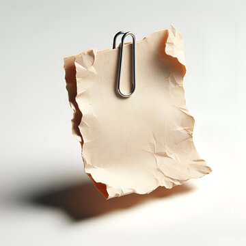 Torn beige paper note with textured edges and metal paperclip isolated.