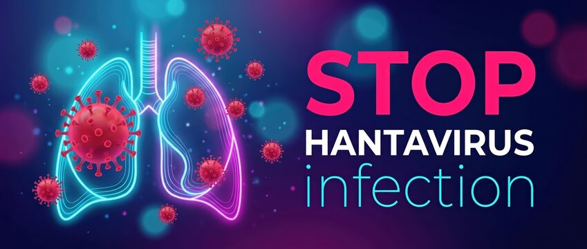 Illustration of human lungs with virus particles and text urging to stop hantavirus infection, vibrant colors and modern design elements create a striking visual impact