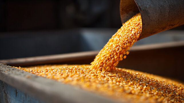Golden grain cascade into a rustic wooden bin, a close-up shot capturing nature's harvest and agricultural bounty with rich textures