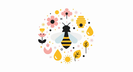 Naklejka premium Minimalist Honey Bee Vector Illustration with Flowers and Beehive in a Circular Geometric Design