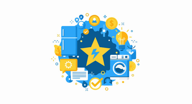 Smart Home Energy Efficiency and Appliance Savings Vector Illustration Concept with Refrigerator, Washing Machine, and Light Bulb Icons