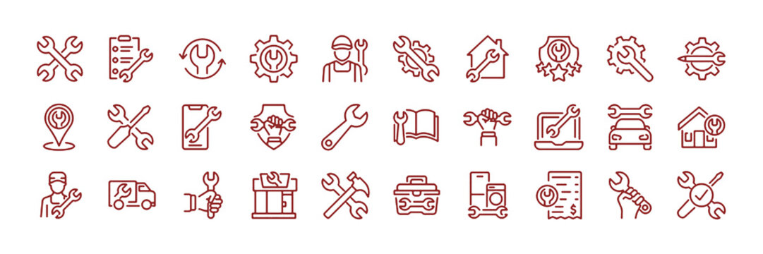 Set of 30 outline icons related to wrench. Linear icon collection. Editable stroke. Vector illustration
