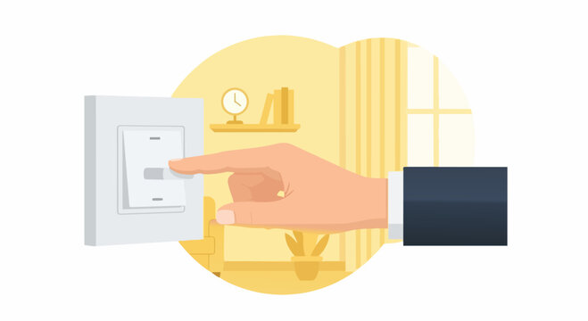 Hand Turning On Light Switch in Living Room Interior - Energy Saving Concept Illustration